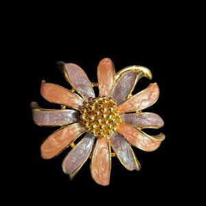 Gold-Tone Enamel Flower Brooch Pin Multicolor Petals & Beaded Center